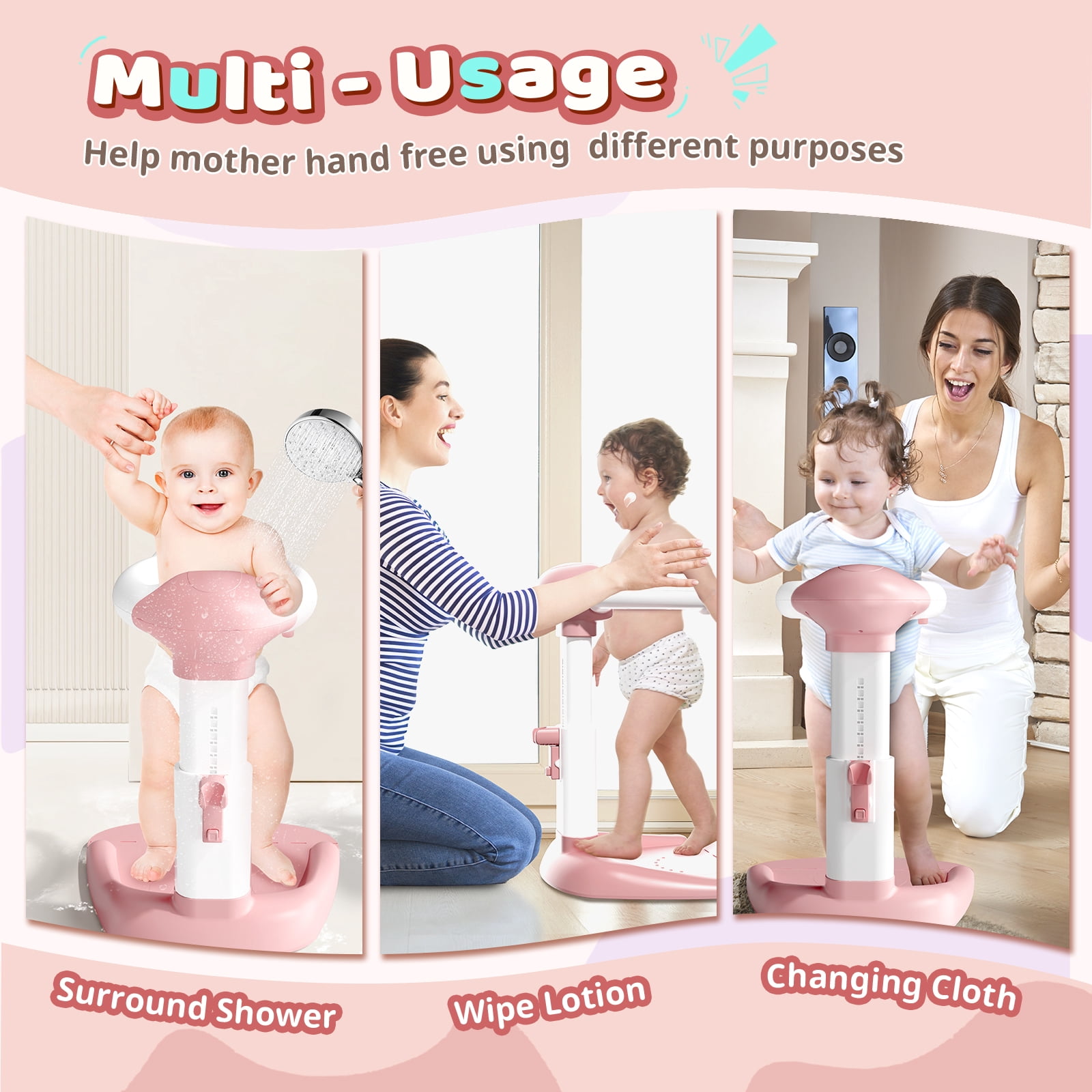 COOSEYA Baby Bath with Shower Stand Support, Anti-Pinch Soporte para Bañera de Bebé Adjustable Shower Tower and Anti-Slip for Toddler Standing Up Themselves(Pink)