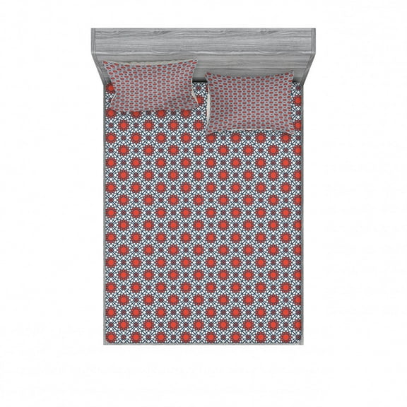 Ambesonne Geometric Fitted Sheet & Pillow Sham Set, Middle Eastern, Full, Vermilion Slate Blue