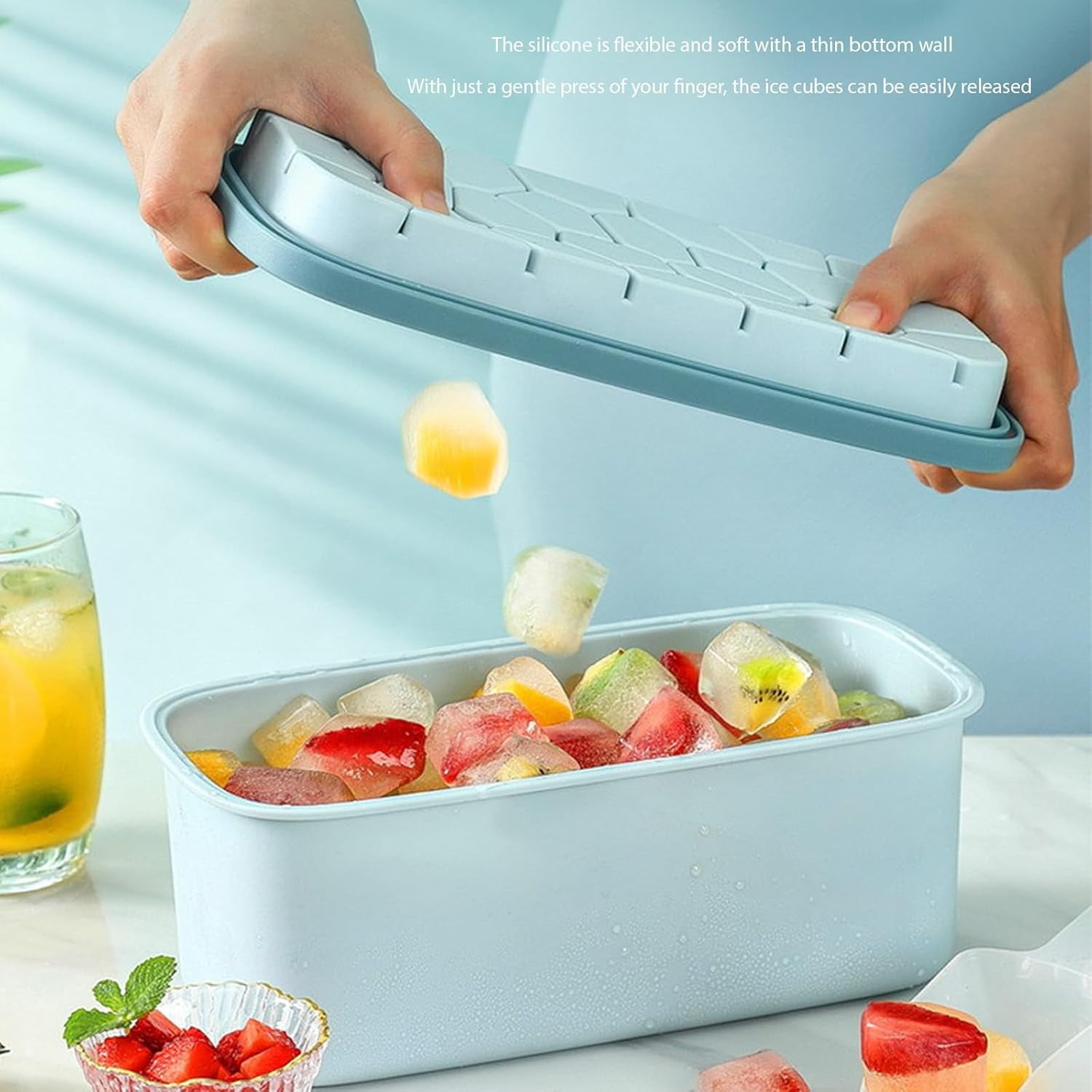 ABPETE Silicone Ice Cube Tray,Ice Cube Tray with Lid–Ice Cube Mold with 78 Cubes,Ice Cube Trays for Freezer with 1 trays,Dishwasher Safe,Stackable Ice Trays with Free Ice Scoop–Nordic Blue