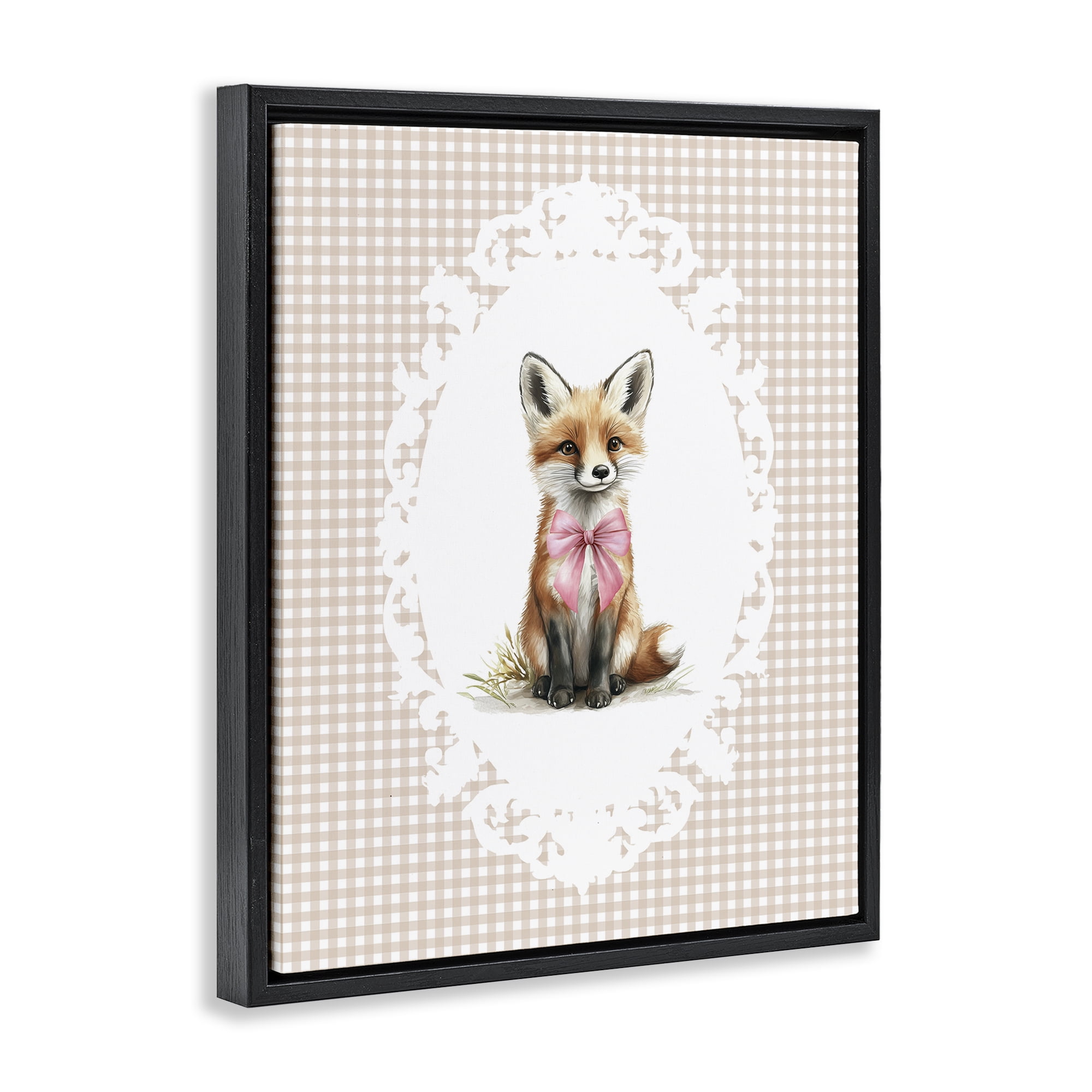 Stupell Industries Vintage Bow Fox on Gingham Black Framed Floater Canvas Wall Art, design by Christine Simpson Art