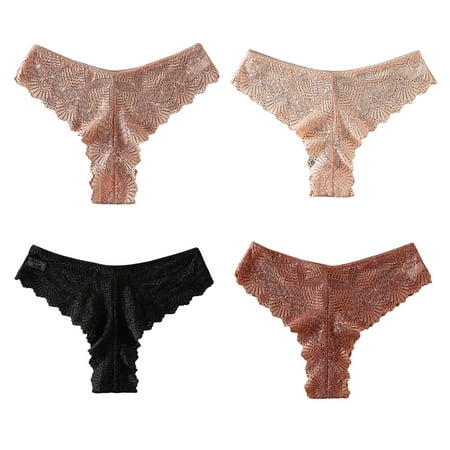 

rygai Low-rise Cotton Crotch Solid Color Sexy Thong Women See-Through Hollow Lace Briefs Inner Wear Black M