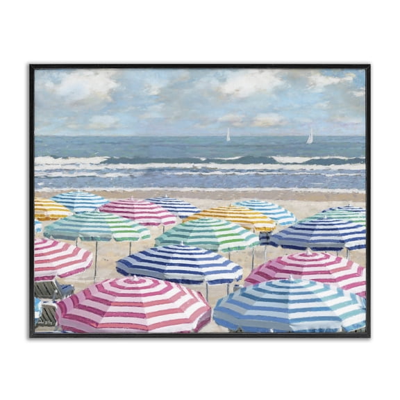Stupell Industries Shore with Bright Umbrellas Landscape & Nature Painting Black Framed Art Print Wall Art, 14 x 11