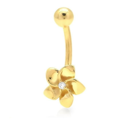 14K Yellow Gold 0.05Ct Diamond Flower Navel Belly Button Ring