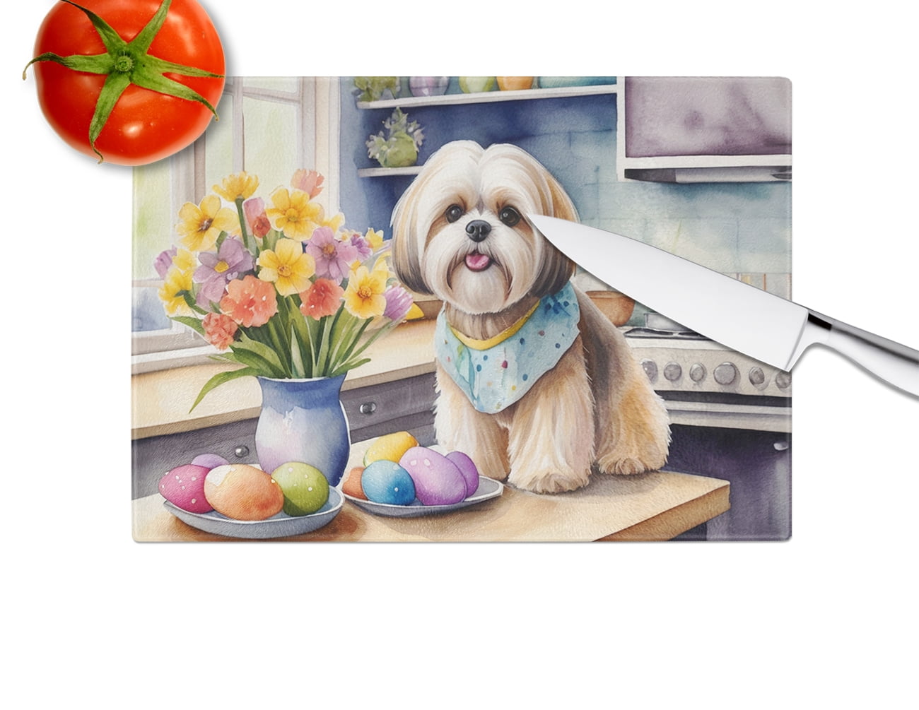 Decorating Easter Lhasa Apso Glass Cutting Board 12 in x 15 in