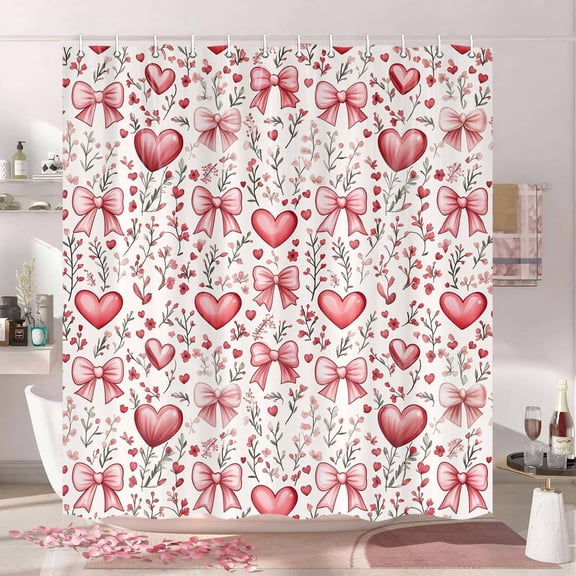 Valentine's Day Shower Curtain, Pink Red Cute Heart Flower Bow Romantic Bathroom Curtain Sets, Sweet Holiday Girl Woman Bath Curtain Bathtub Home Decor with Hooks, 69X70IN