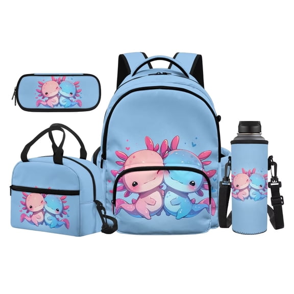 KUIFORTI Blue Axolotl Bookbag and Lunchbox Polyester Kid School Bag Set 4 Piece Boys Backpack Pencil Case Water Bottle Sleeve for Teens Elementary Middle School