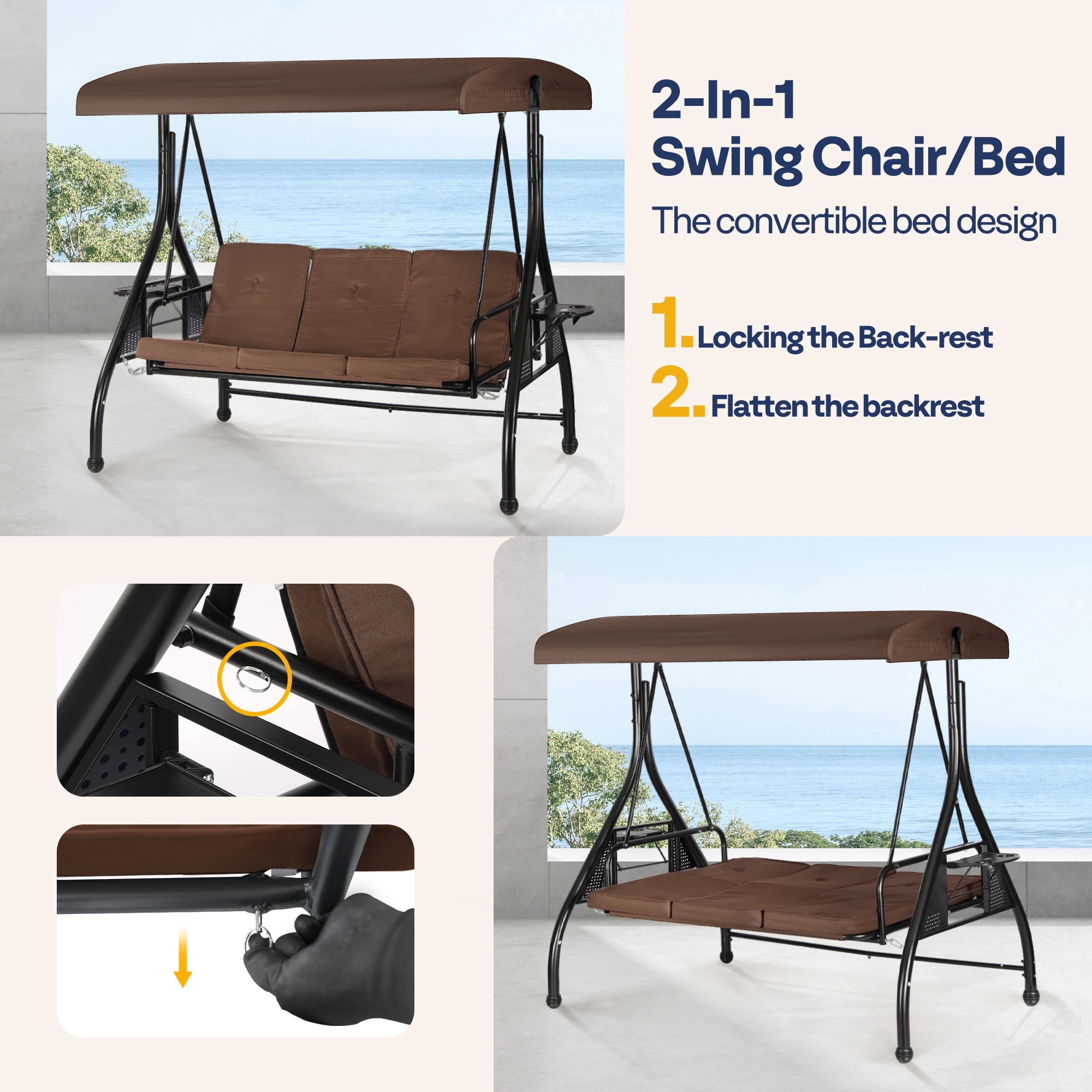 SPECSTAR 3 Seats Patio Swing Chair, Outdoor Converting Canopy Swing Chair w/ Removable Cushion,Swing Glider Hammock for Patio, Garden, Brown