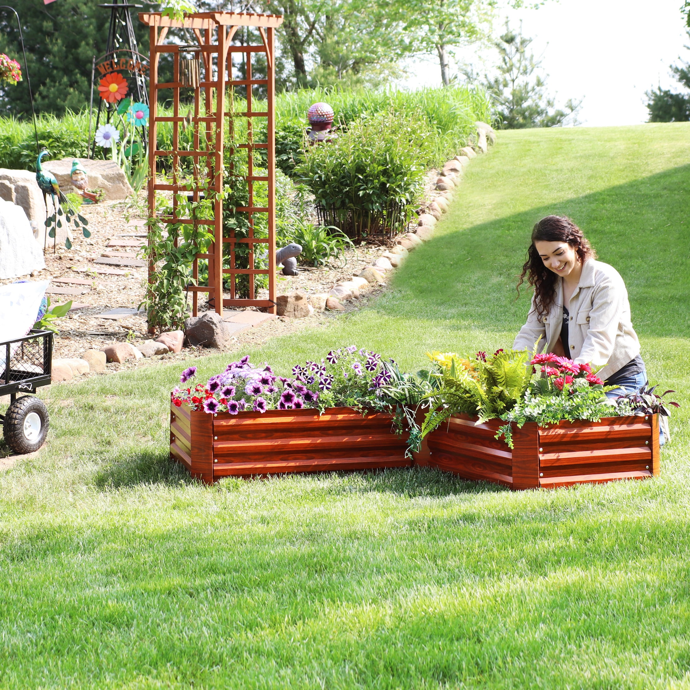 Sunnydaze 59.5" x 59.5" x 11.75" L-Shaped Woodgrain Galvanized Steel Raised Garden Bed