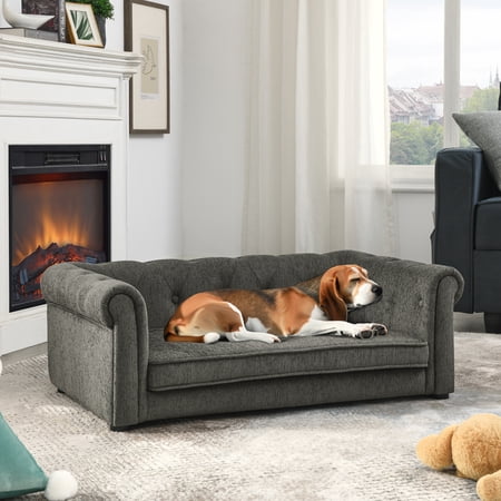 Jopath Dog Sofa Durable Elevated Dog Sofa Bed Fashionable Linen Fabric Rectangular Pet Bed for Small and Medium-Sized Dogs Dark Gray