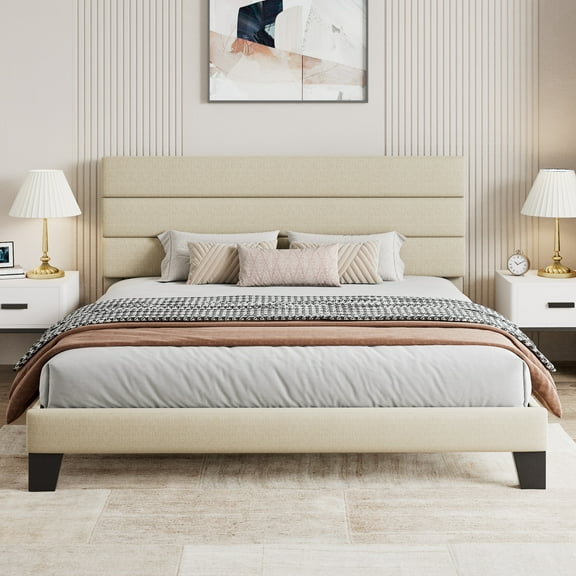 Sha Cerlin King Size Platform Bed Frame with Upholstered Fabric Headboard, Beige