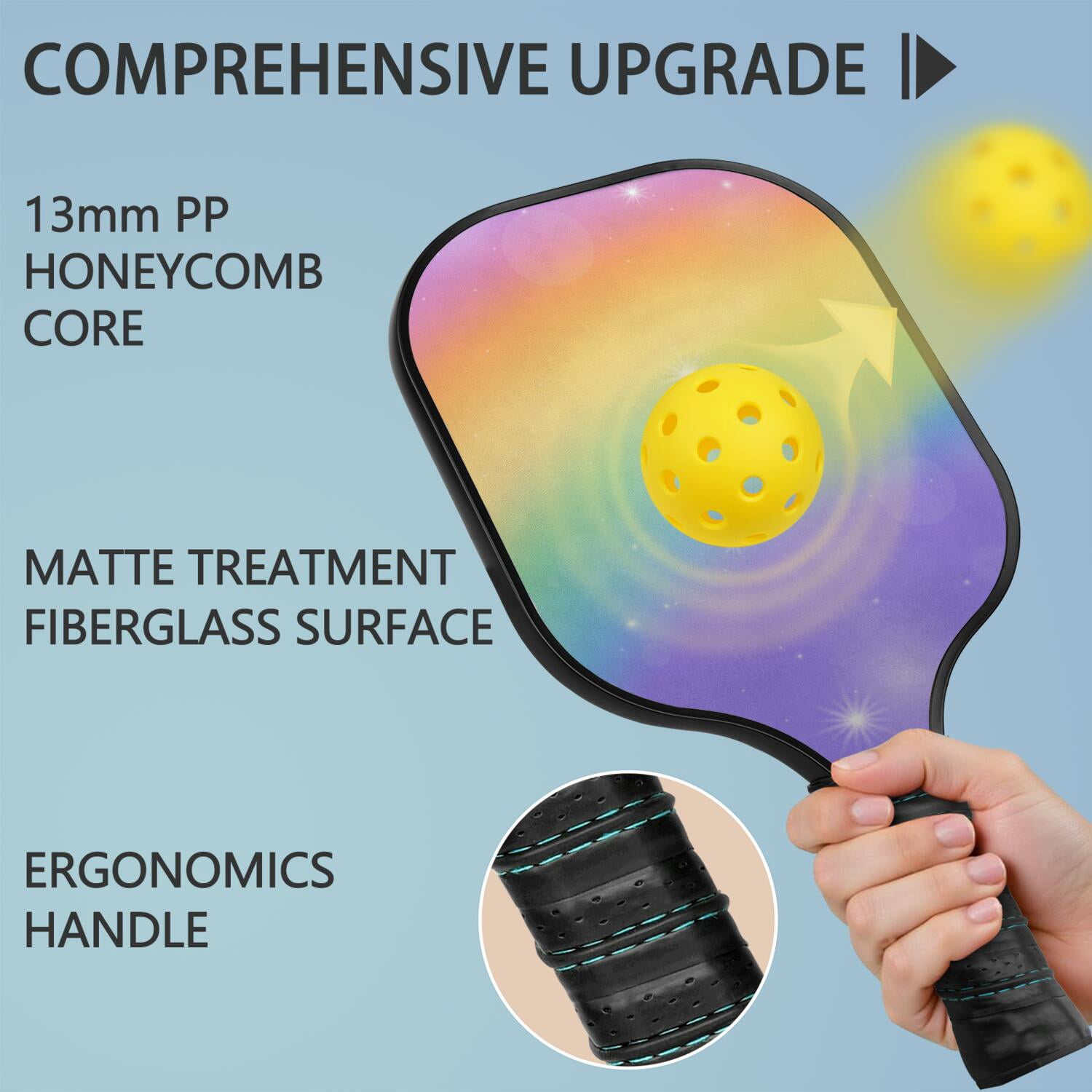 Pickleball Paddles Set Of 1, Fiberglass Surface, Vibrant Rainbow Print, 1 Paddle, 2 Balls & Bag