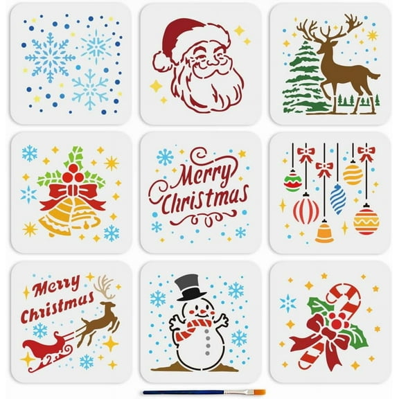 US 9pcs Christmas Theme PET Hollow Out Drawing Painting Stencils with 1pc Art Paint Brushes Mixed Shapes 150~169x5~150mm