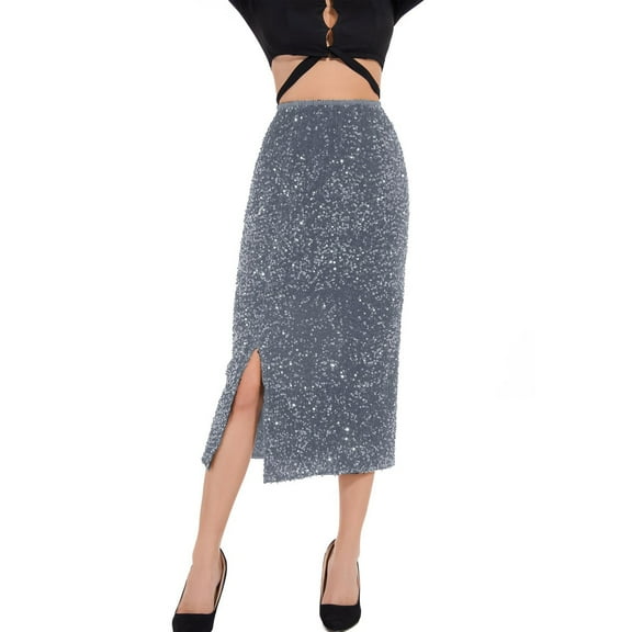 Women’s Sequin Velvet Maxi Skirt High Waist Elastic Split Hem Party Night Out