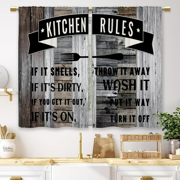 Farmhouse Rustic Kitchen Rules Kitchen Curtains Wooden Wood Small Short Cafe Window Curtains Vintage Fork Retro Plank Bathroom Living Room Bedroom Drapes Treatment 2 Panels (27.5x36 Inch)