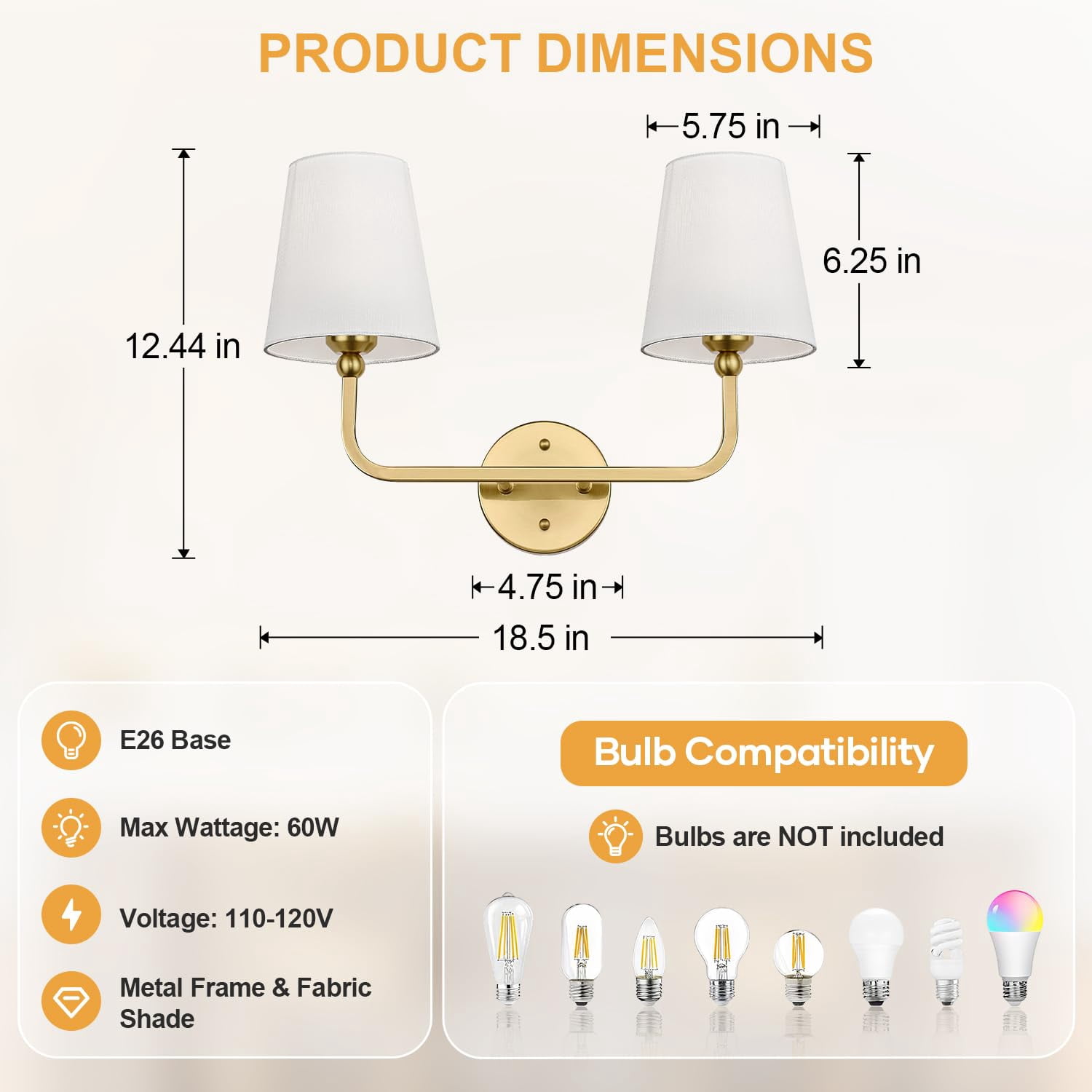 Bathroom Light Fixtures  2-light Brushed Gold Vanity Lights Lighting Over Mirror With Flared White Fabric Shade Modern Wall Sconces For Living Room Hallway