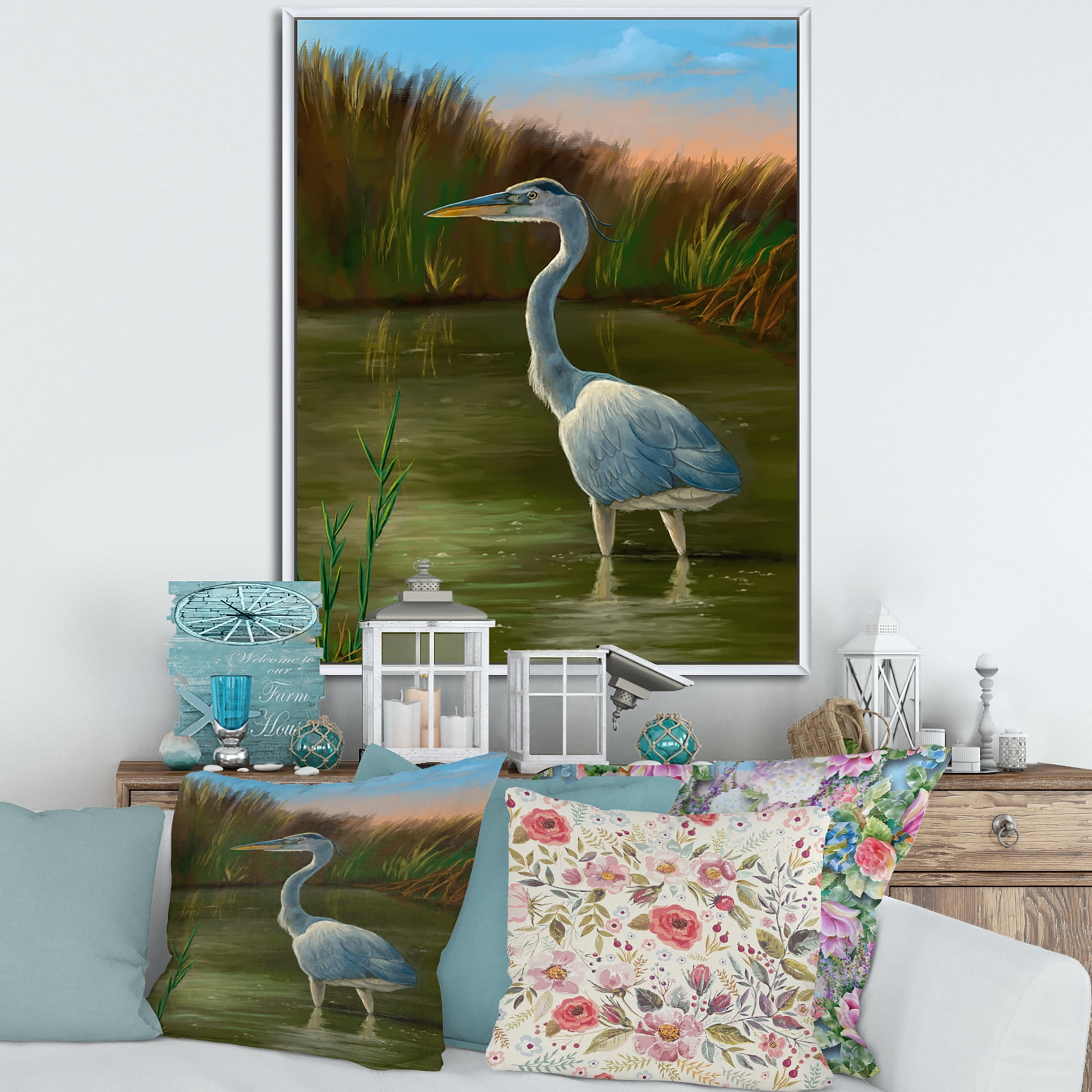 Designart 'Blue Heron Wetland Bird on The Lake Shore' Traditional Framed Canvas Wall Art Print