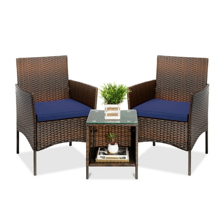 Best Choice Products 3-Piece Outdoor Wicker Conversation Bistro Set Patio Chat Furniture w/ 2 Chairs Table -Brown/Navy