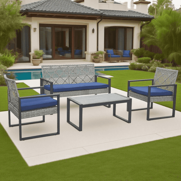 Enyopro 4-Piece Patio Furniture Set with Acacia Wood Table, Outdoor Rattan Conversation Set with Cushions, Wicker Sofa for Balcony, Porch, Garden & Backyard