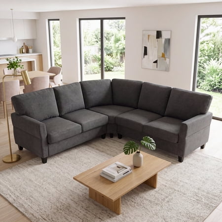 Syfonarity L-Shaped Sofa, Small Sectional for Living Room, Corner Couch with Solid Wood Frame, Linen Fabric, Springs Seat Cushion, Comfortable 5-Seater L Shape Couch for Apartment, Office, Dark Gray