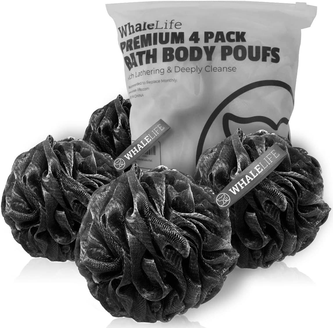 Shower Puff 4 Pack Black Bath Sponge Shower Loofahs Pouf Ball Nature Bamboo Charcoal Mesh Bulk Puffs Large, Shower Essential Skin Care by WhaleLife
