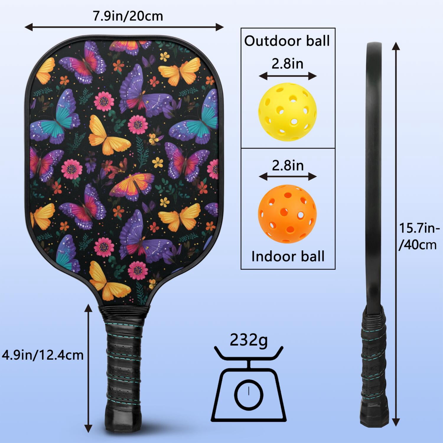 Pickleball Paddles Set Of 1, Fiberglass Surface, Butterfly Print, 1 Paddle, 2 Balls & Bag