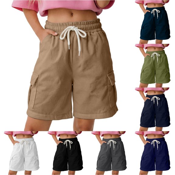 Girls Cargo Shorts solid color Wide Leg Casual Elastic Summer Bottoms Shorts With Pockets Drawstring 5-16Y