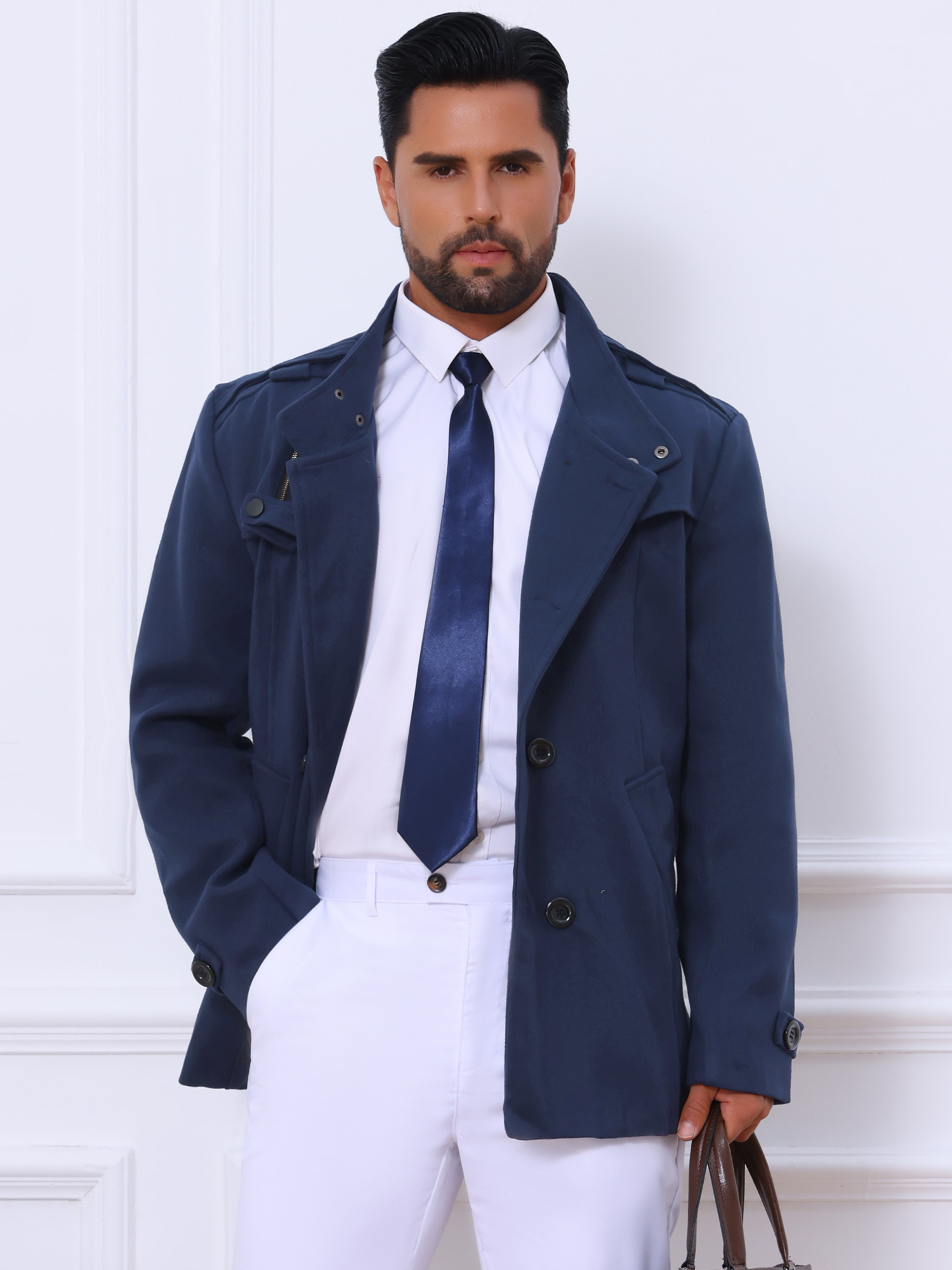 DARING DIVA Men's Winter Coat Stand Collar Double Breasted Pea Coats 2XL Navy Blue