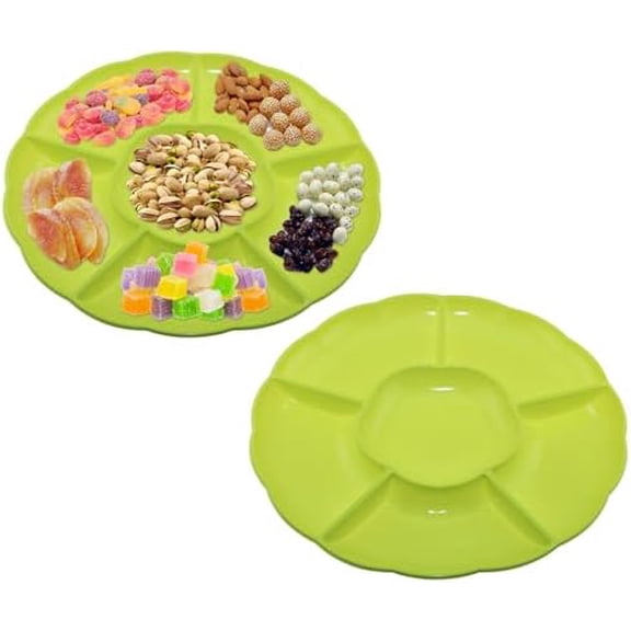 12-Inch Round Plastic Serving Trays with 2 Pack,6 Sectional Snacks Serving Dish Food Platters for Nut Candy Veggie Fruit Thanksgiving(2, Apple Green)