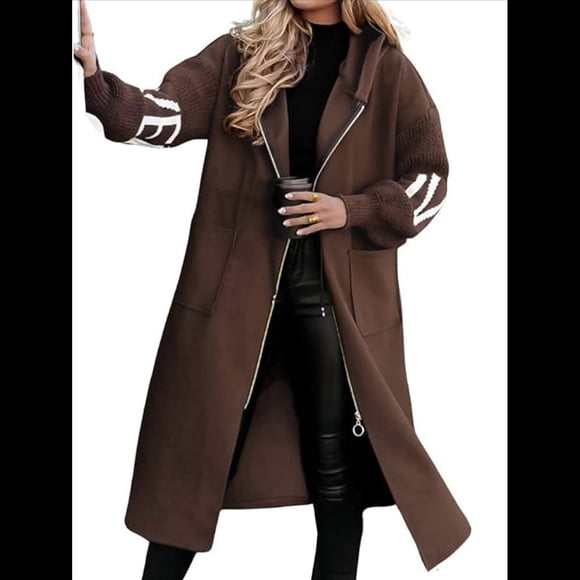 Chaqueta Cortavientos de Punto con Capucha y Larga para Mujer, de Gran Tamaño, Informal, con Cordón Ajustable en la Cintura y Cremallera. Marrón S