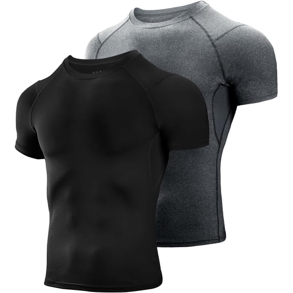 alpinario Men's Compression Shirts 2 Pack, Short Sleeve Athletic Compression Tops Cool Dry Workout T Shirt, Black, Gray, X-Large