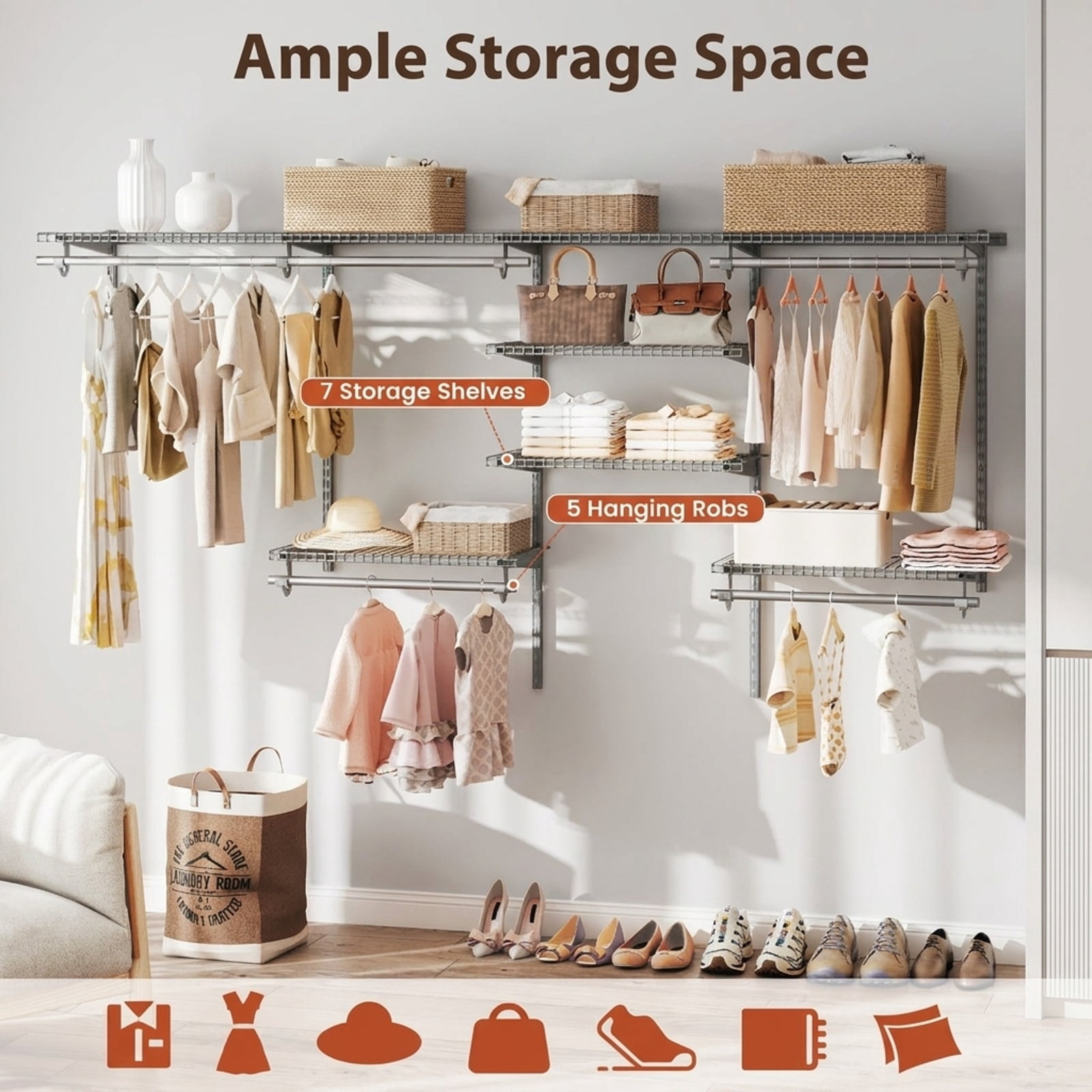 Furnibear Wall Mounted Closet Organizer System with 7 Shelves 5 Hanging Rods and Adjustable Heights for Bedroom and Laundry Storage, Gray