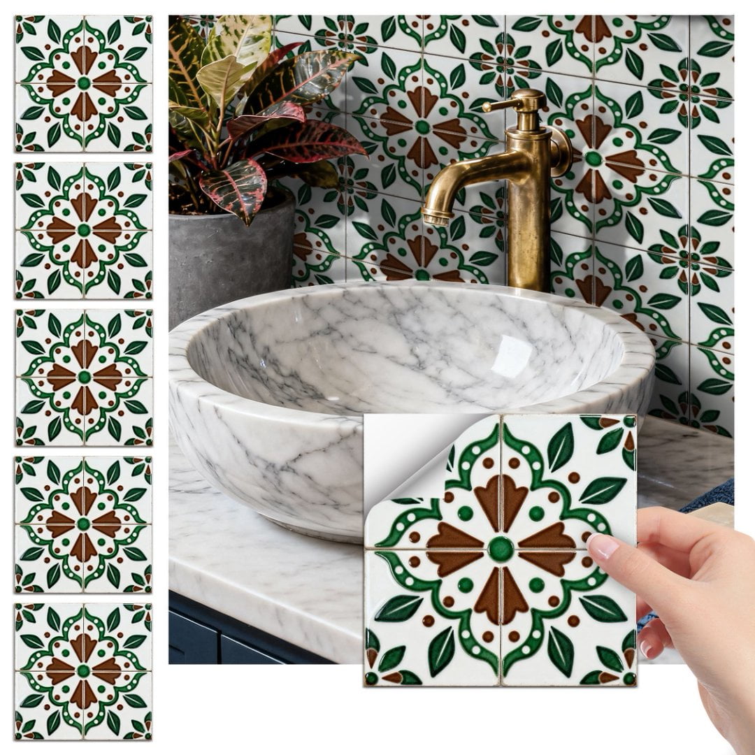 24Pcs Matte PVC Tile Sticker Waterproof Peel and Stick Backsplash 7.87" x 7.87" Green Brown Flowers Wall Stickers Self Adhesive DIY Decor Decals