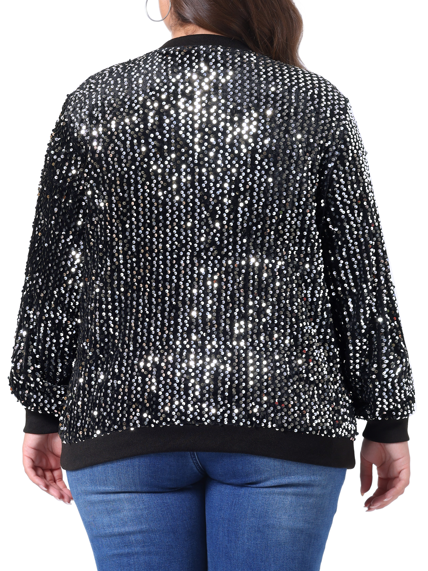 DARING DIVA Plus Size Sequin Sparkle Long Sleeve Front Zip Bomber Jacket 3X Silver