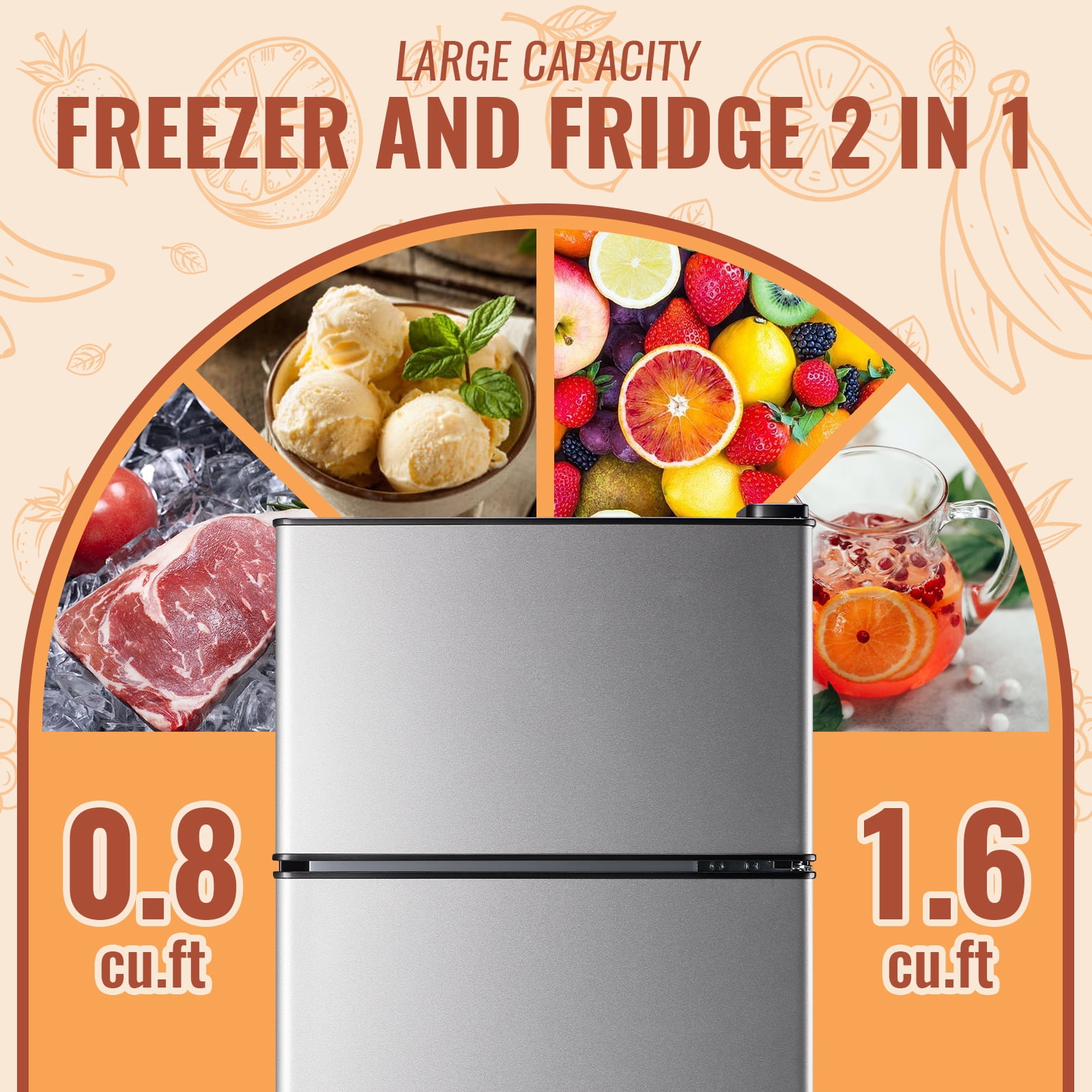 DEMULLER 2.4 Cu.ft Mini Fridge Small Refrigerator with Freezer Removable Shelves Two Door Silver New