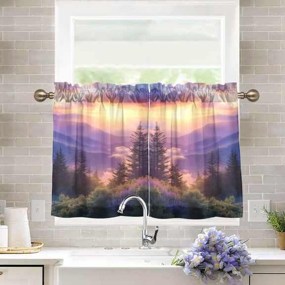 Yayeee Kitchen Curtains Tier Pair Light Filtering 27"x36" Rod Pocket Short Cafe Window Panel, Beautiful Mountain