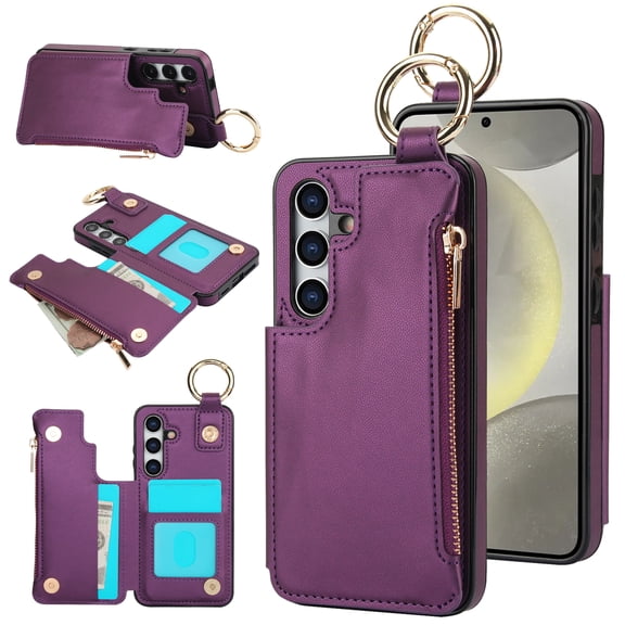Wallet Case for Samsung Galaxy S25 with Luxury PU Leather Slim Thin Zipper Ring Buckle Flip Purse, Credit Card Holder Stand Cell Phone Cover, RFID Blocking Women Men, Darkpurple