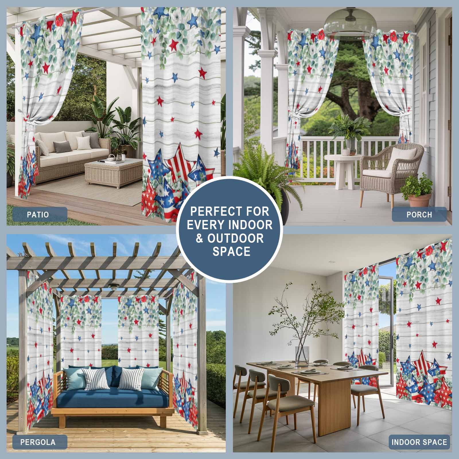 Independence Day Star Outdoor Curtains for Patio, Farm Red Blue White Star Green Leaf Flower Wood Grain Sunshade Privacy Drapes Grommet Waterproof Outside Curtains for Porch Balcony 54"x108", 1 Panel