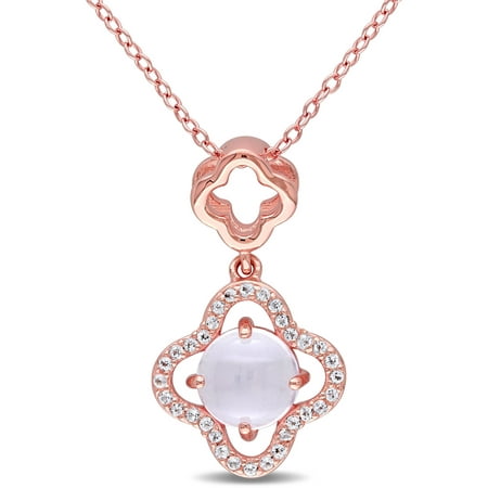 Tangelo 1-7/8 Carat T.G.W. Rose Quartz and White Topaz Rose Rhodium-Plated Sterling Silver Clover Halo Pendant, 18