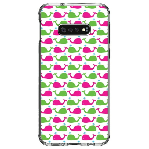 DistinctInk Clear Shockproof Hybrid Case for Samsung Galaxy S10e (5.8" Screen) - TPU Bumper, Acrylic Back, Tempered Glass Screen Protector - Green Pink Cartoon Whales - Cartoon Whales