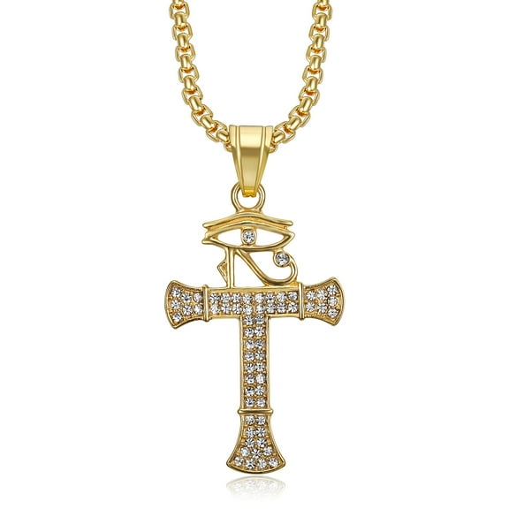 NEGS 18K Gold Plated Eye of Horus Egyptian Coptic Ankh Cross Pendant 24'' Chain Egyptology Amulet Stainless Steel Necklace for Men Women