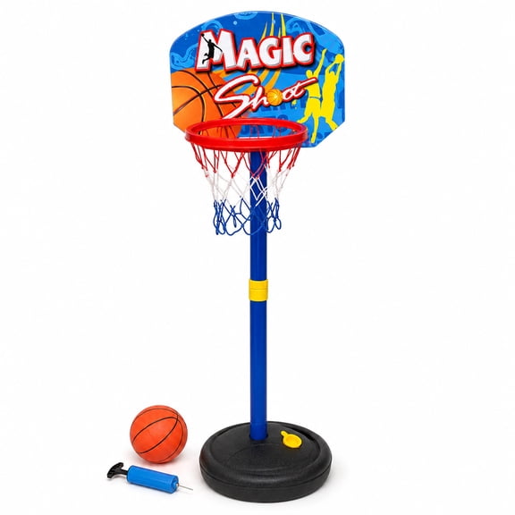 Blue Block Factory Adjustable Toddler Basketball Hoop, 33–50 in Indoor Outdoor Kids Basketball Set with Ball, Pump and Fillable Base, Ages 3