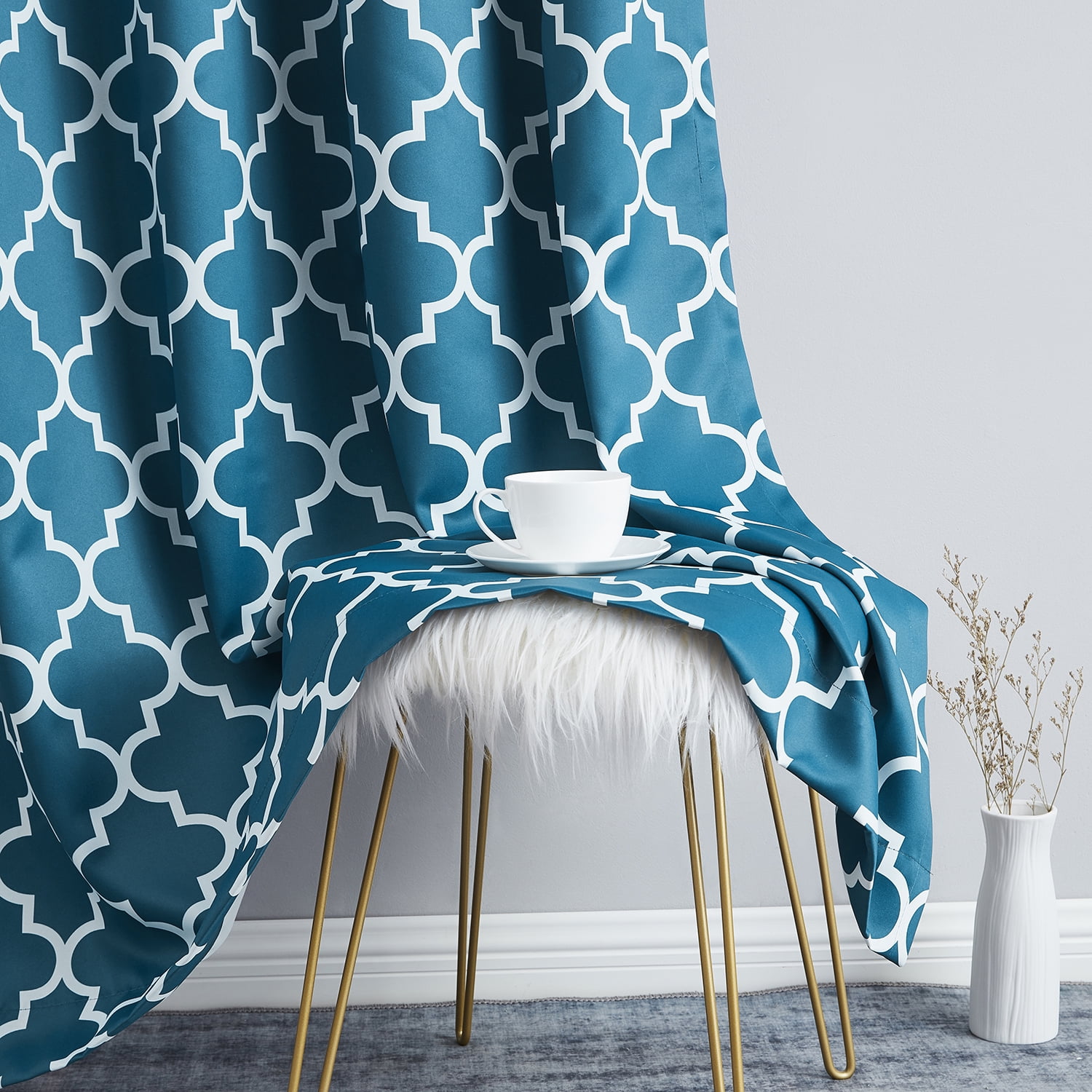 THD Moroccan Trellis Lattice Decorative Blackout Thermal Privacy Room Darkening Grommet Window Drapes Curtain Panels for Bedroom - Set of 2 (Dark Teal Blue, 52 W x 63 L)