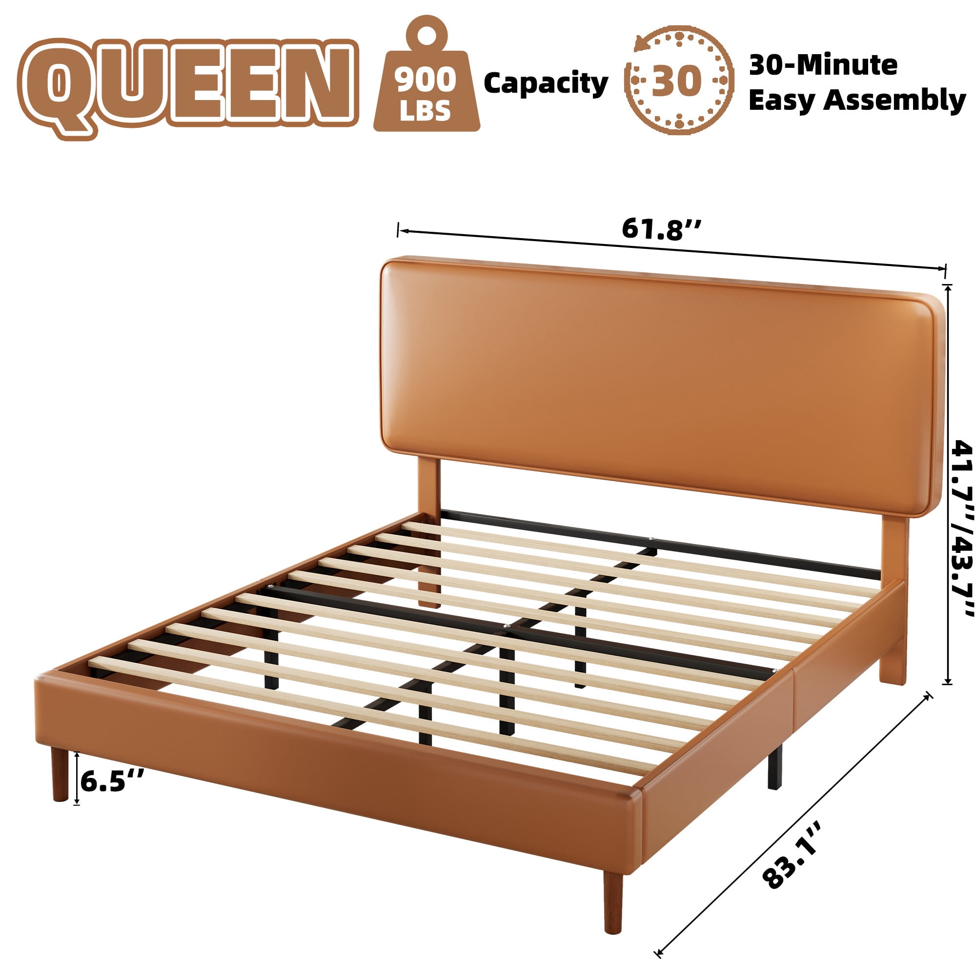 Frostbloom Queen Bed Frame, Upholstered Faux Leather Platform Bed with Adjustable Headboard, Orange Brown