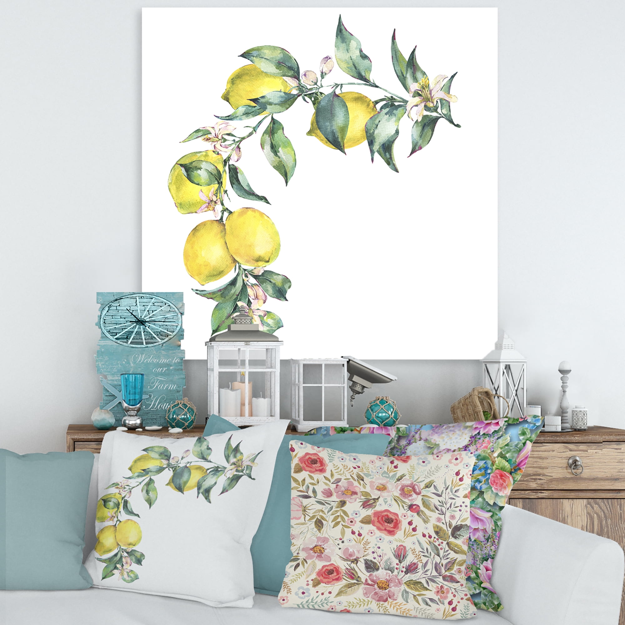 Designart ' Branch of Leaves and Yellow Lemons II ' Tropical Canvas Wall Art Print