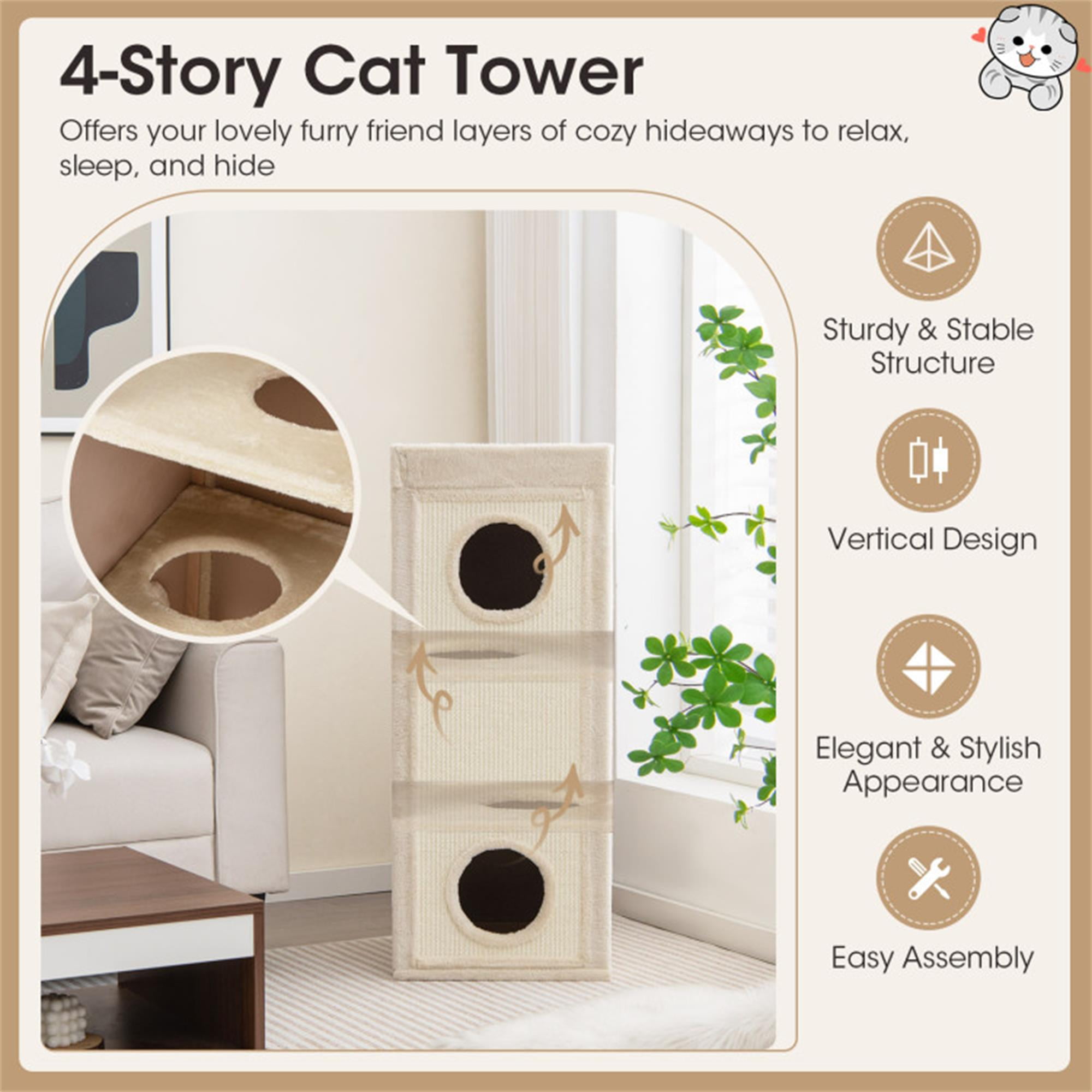 Kadyn 39" Indoor Cat Cave Bed, Cat House Scratcher Furniture, Cat Condo with Scratching Posts, 3 Hideaways, 4 Soft Plush Cushions, Beige