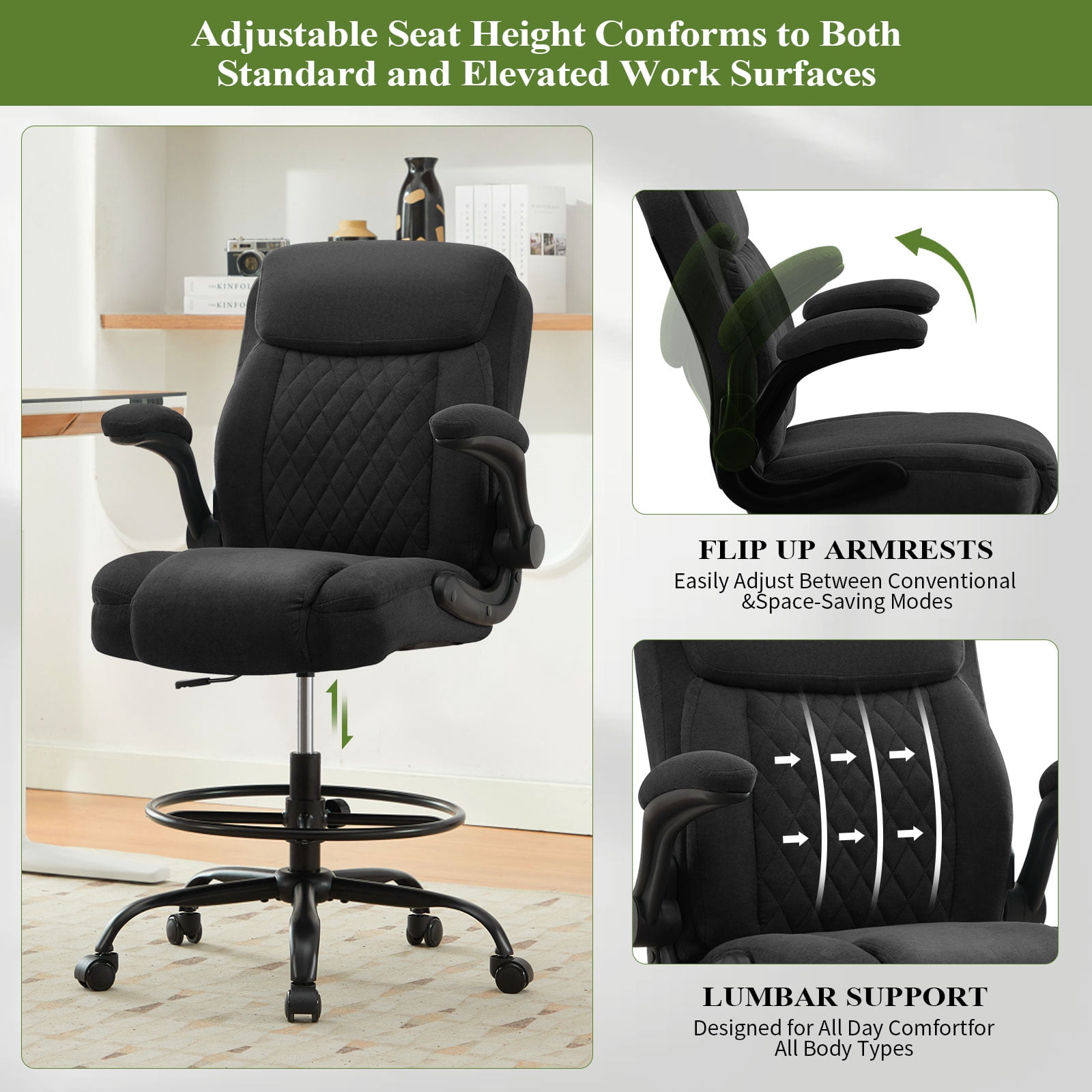 JONPONY Tall Office Chair for Standing Desk, Ergonomic High Office Chair with Adjustable Foot Ring, Flip-Up Armrests, Lumbar Support for Home office ,Black
