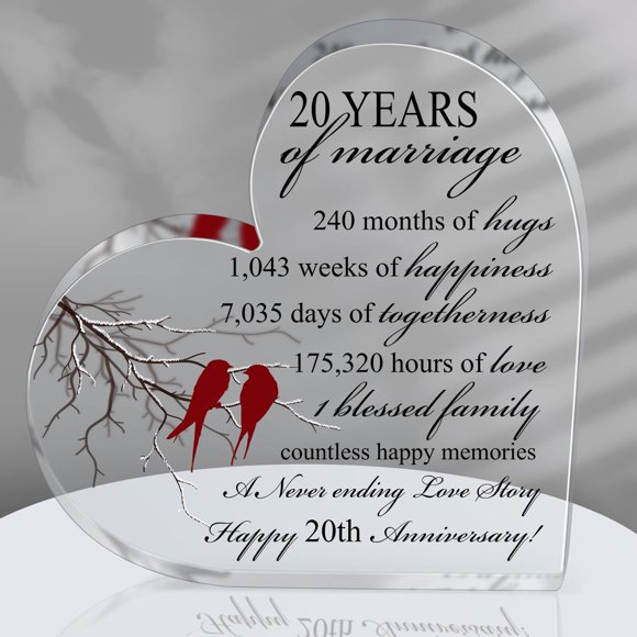 Recuerdo Acrílico en Forma de Corazón para 20º Aniversario Qunclay 13x13 cm