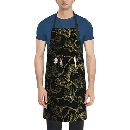 

Goofa Gold Gloss Outline Floral Printed Waterproof Apron 33 Chef Aprons for Men Heavy Duty Chemical Work Apron Adjustable Bib Apron