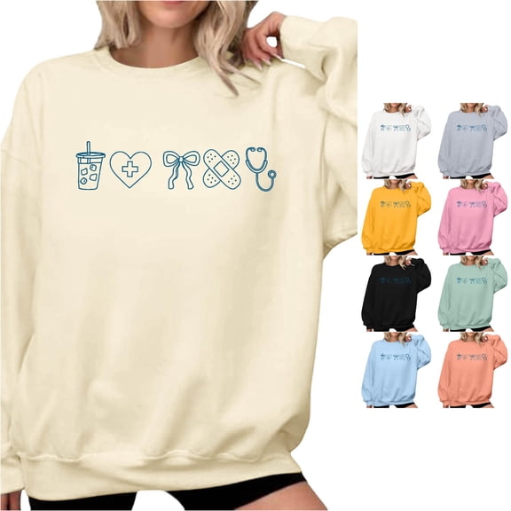 Trendfront Womens Medical Graphic Sweatshirts Crewneck Long Sleeve Cute Healthcare Print Casual Oversized Pullover Tops