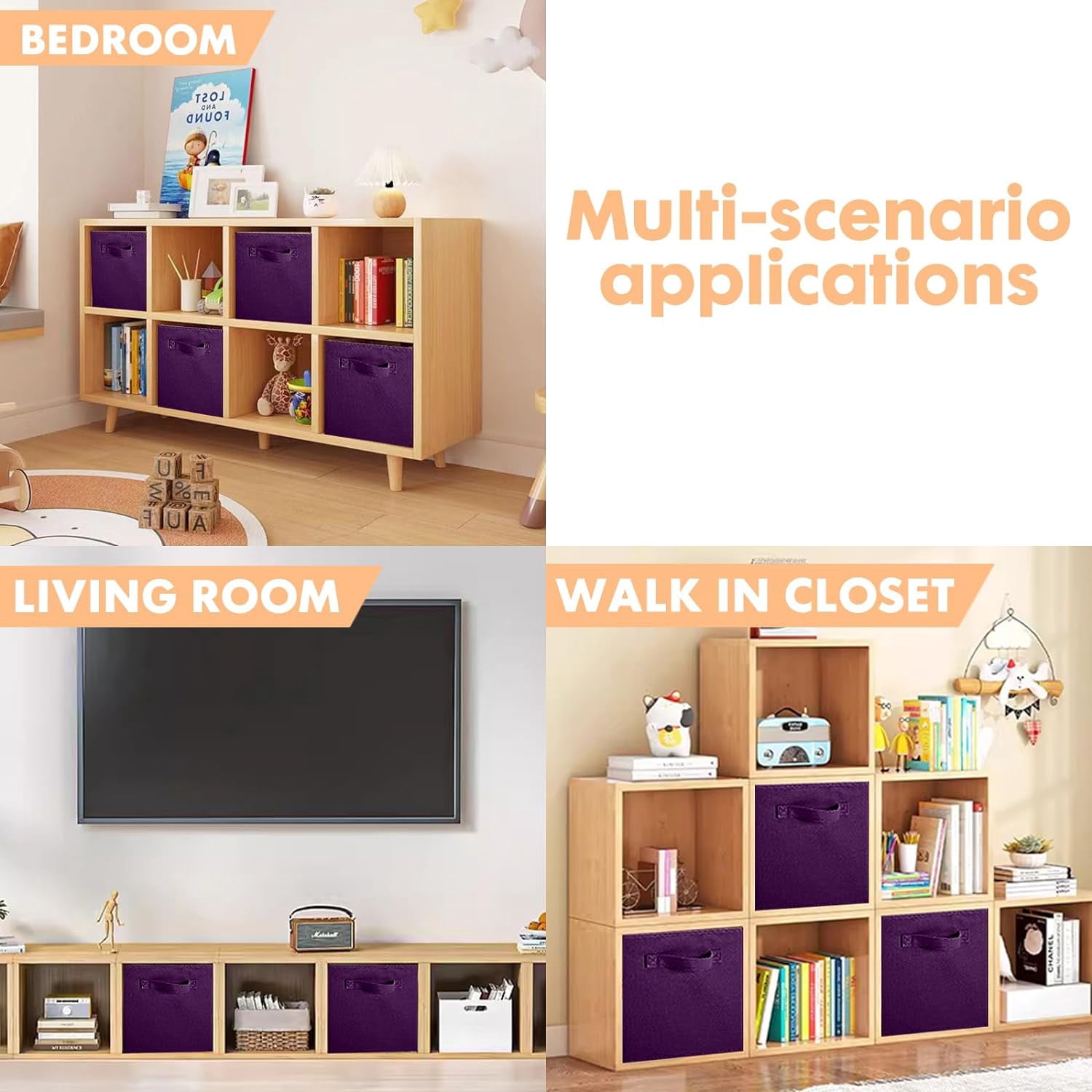 ShellKingdom Collapsible Fabric Cube Storage Bins (10.5" x 10.5"), 6 Pcs Foldable Cloth Organizer Drawer, Purple